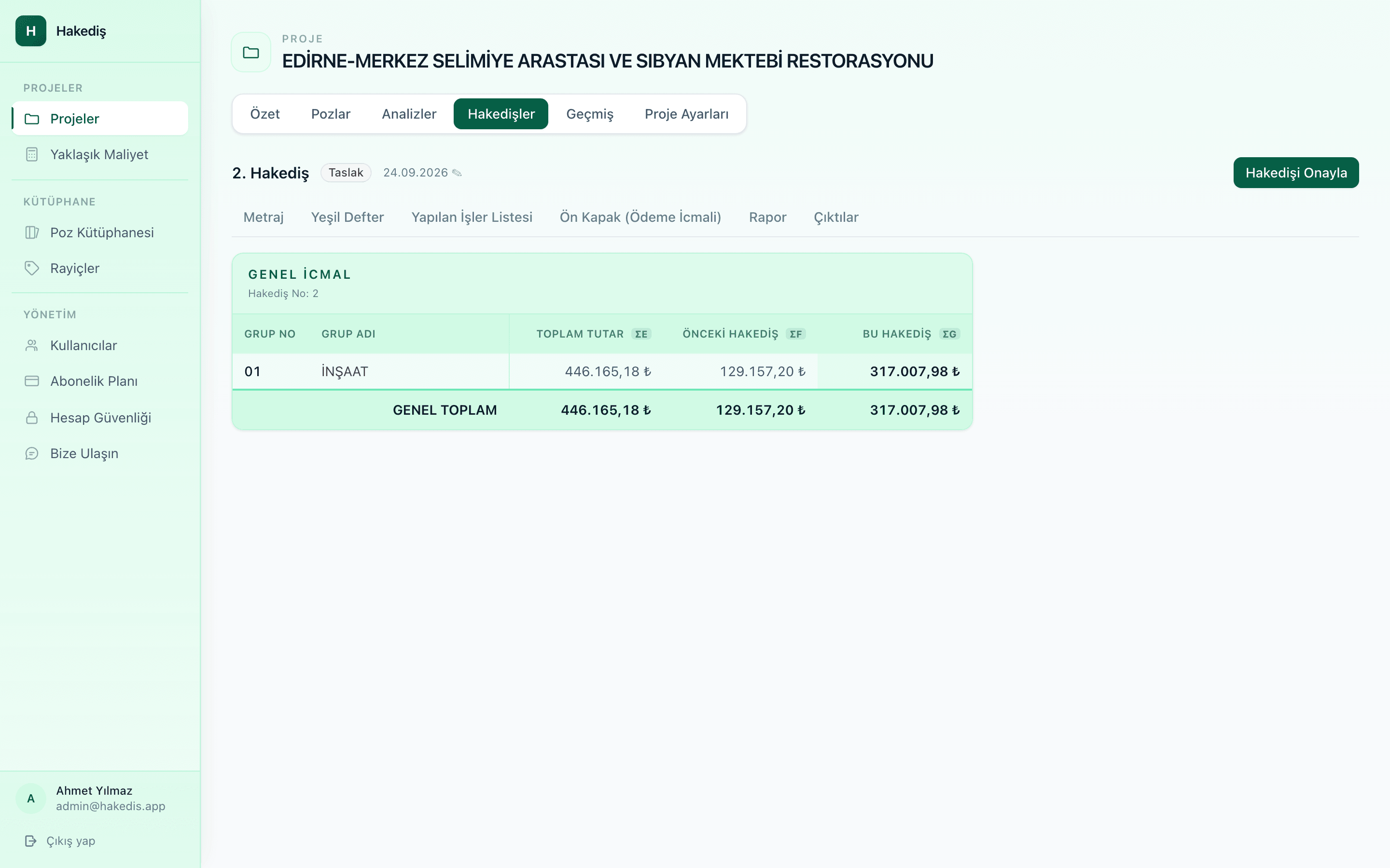 Excel çıktısı — ön kapak ve yeşil defter sekmeleri